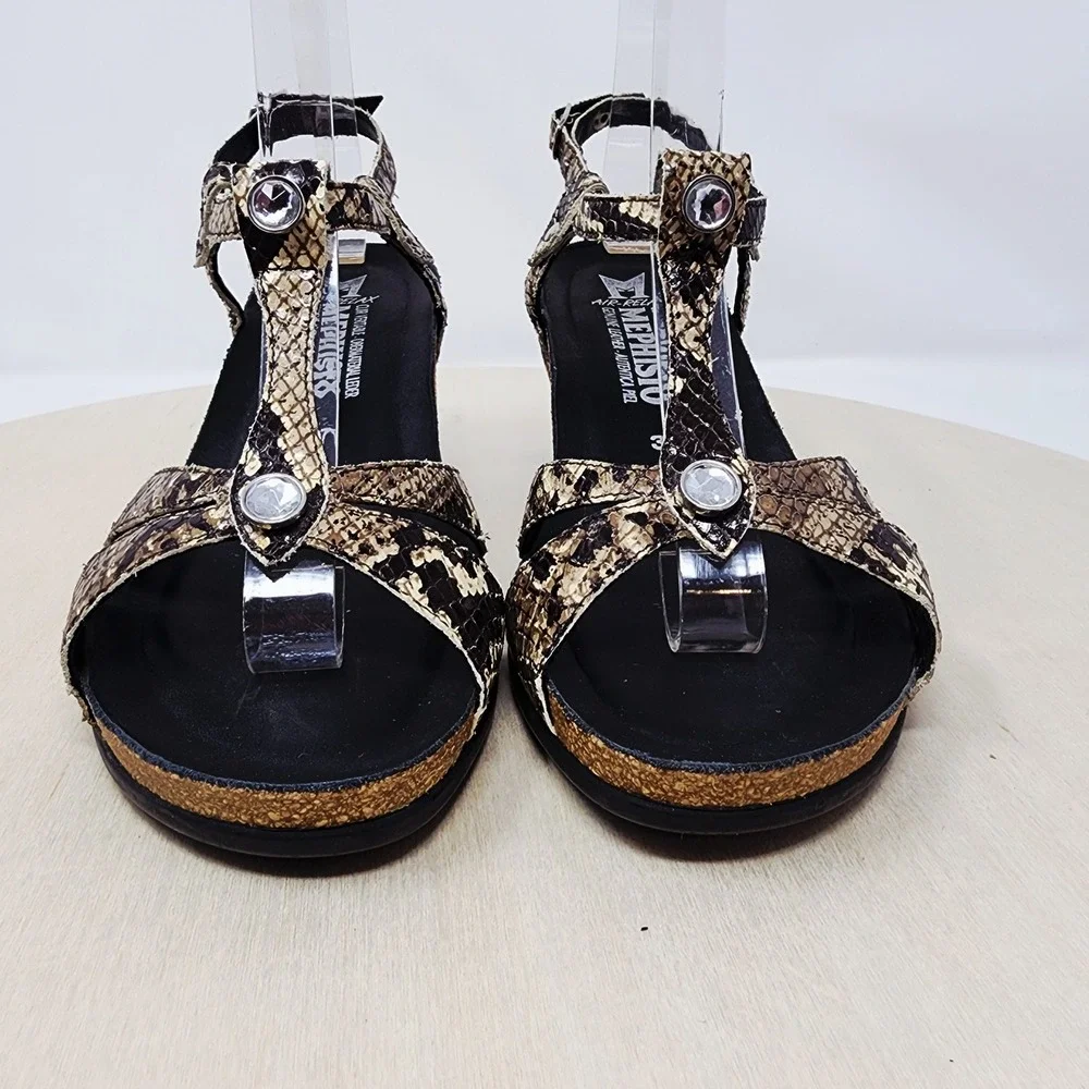 Mephisto Wedge Sandal US 7 Women Snake Print Leather Cork EU 37 Feminine T Strap